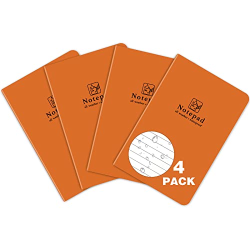 BIYAMI 4 Pack All Weather Notepad 5.3x3.6 inch Waterproof Tearproof Notebook Pocket Size Field Pad For Outdoor Activties 24 Sheets(48 Pages) Each Pack - Orange Only