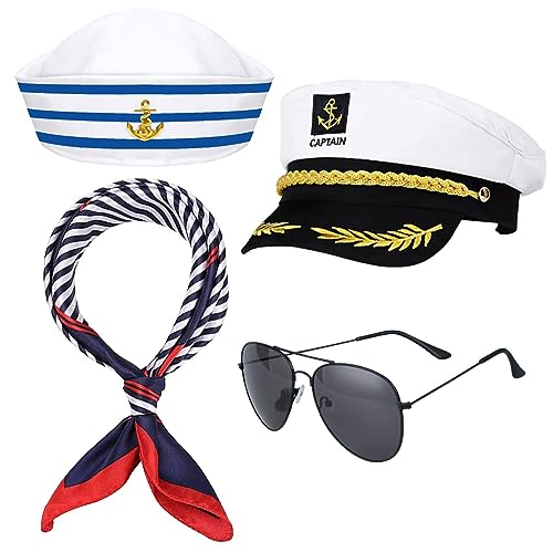 Matiniy 4Pcs Yacht Captain Sailor Costume Set IncludeHat Sailor Cap Sunglasses and Scarf for Adults Halloween Party Dress Up