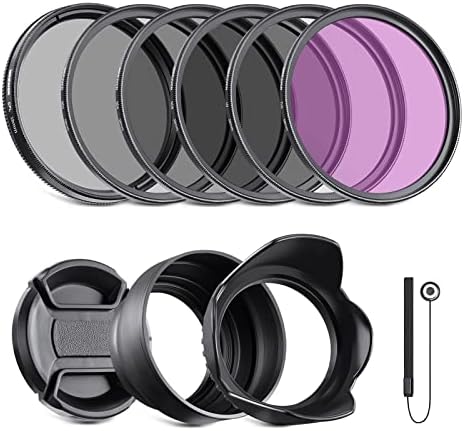 NEEWER 58mm ND2 ND4 ND8 UV CPL FLD Filter and Lens Accessories Kit with Snap on Lens Cap, Tulip Shaped Lens Hood, Collapsible Rubber Lens Hood, Filter Pouch, Safety Tether and Cleaning Cloth