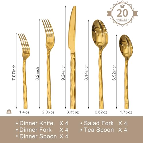 Image of KINGSTONE Gold Silverware Set, Luxury 20 Piece Flatware Set for 4, 18 /10 Stainless Steel Cutlery Set with Diamond Cut Pattern for Kitchen, Home, Wedding, Party, Mirror Polished and Dishwasher Safe