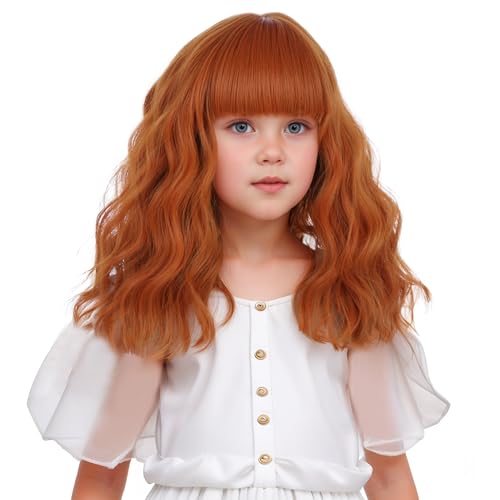 Edivd Child Ginger Orange Wig Kids Short Ginger Wig with Air Bangs Girls Dark Orange Wavy Curly Wigs Heat Resistant Synthetic Wigs with Cap