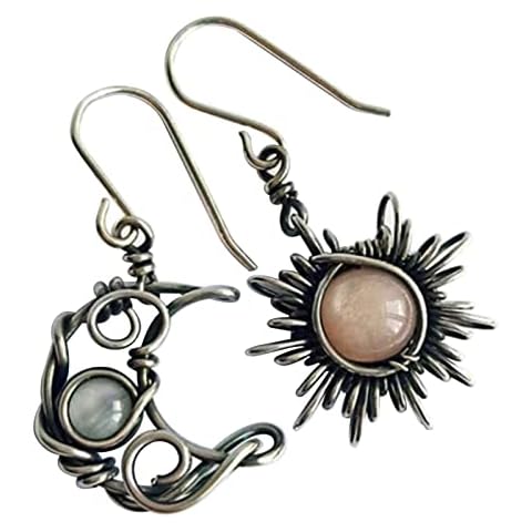 1pair Retro Bohemian Dangle Earrings Sun Moon Metal Hook Holiday Antiqued Silver(Silver) Cover