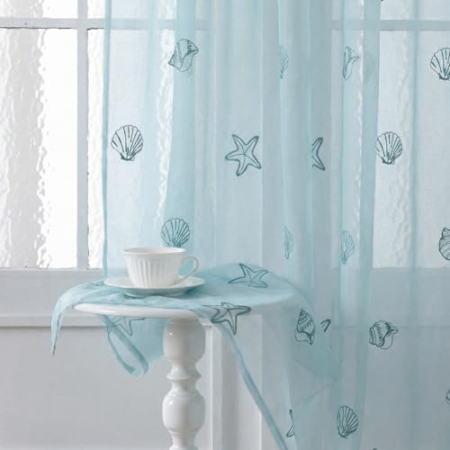 Tegeme 2 Panels Coastal Beach Sheer Curtains 84 Inches Long Embroidered Blue Voile Curtains Decorative Ocean Nautical Sheer Shades Faux Linen Semi...