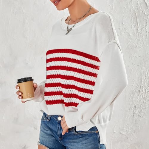 Image of Women American Flag Sweater Loose Vintage USA Sweatshirt Long Sleeve Crewneck Hollow Out 4th of July Jumper