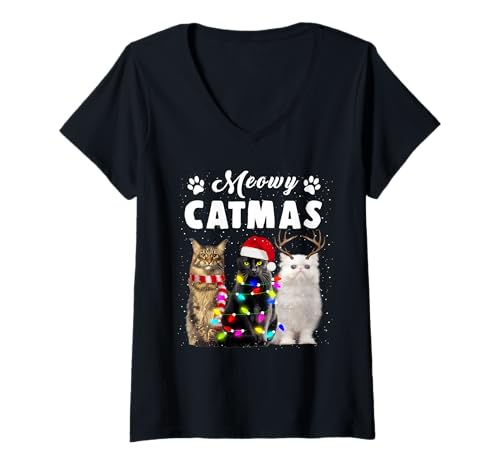 Donna Meowy Catmas Funny Cat Christmas Xmas Kittens Lovers Maglietta con Collo a V