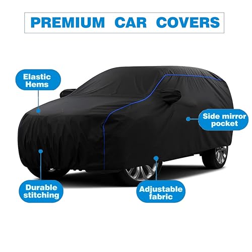 Image of Sulfar 100% Water Resistant Car Body Cover Compatible with Mirror for Hyundai Santro Xing (Triple Stitched, Full Bottom Elastic, Black Tafetta with Blue Piping)