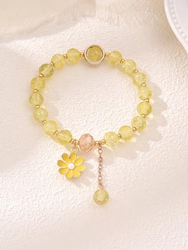 Image of El Regalo 1 PC Dailsy Flower Sparkly Crystal Beads Tassel Bracelet for Girls /Teens /Women- Cute Crackle Beads Daisy Flower Stretch Bracelet