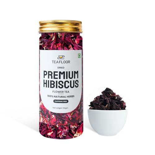 Image of TEAFLOOR 100% Dried Natural Hibiscus Flower Tea: Explore The Ruby Nectar || Wellness & Health,Vitamin C Bursts || Whole Flower Buds, Brew Hot Or Iced - Caffein Free || 50 Grams (Pack Of 4)