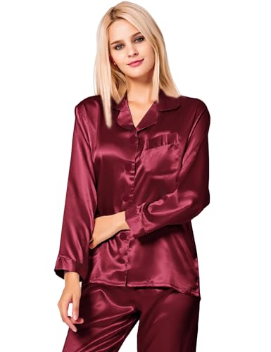 Image of SWOMOG Long Sleeve Pajamas Set Silk Satin Sleepwear Button Down Pjs Loungewear with Pocket