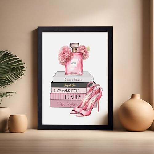 Image of Poster Master Fashion Print - Pink Designer Poster - Shoes & Perfume Art - Chic Gift for Her & Fashionista - Luxury Haute Couture Decor for Bedroom or Girl's Room - 16x20 Black Framed