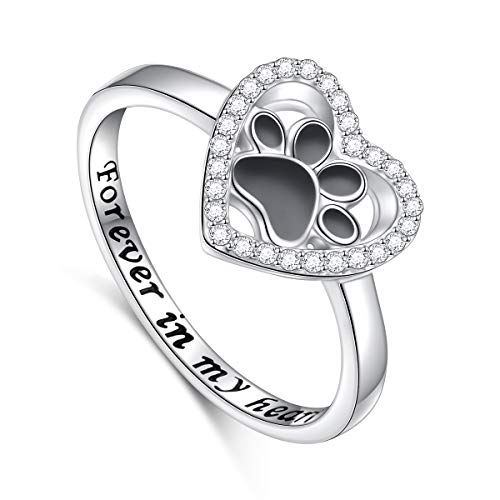 S925 Sterling Silver Jewelry Engraved Forever in my heart Puppy Dog Cat Pet Paw Print Love Heart Ring