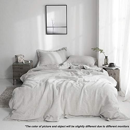 Simple&Opulence 100% Linen Pure Solid Color Embroidery Border Queen King Duvet Cover Set(Multi-Colored Options) (Full, Light Grey)