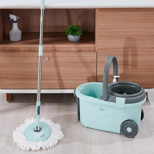 Image of Amazon Brand - Presto! Clean Plastic Spin Mop | Durable Plastic Build with 2 Microfiber Refills | Big Wheels & Drag Handle | 360 Spin Mop with Telescopic Handle | Green