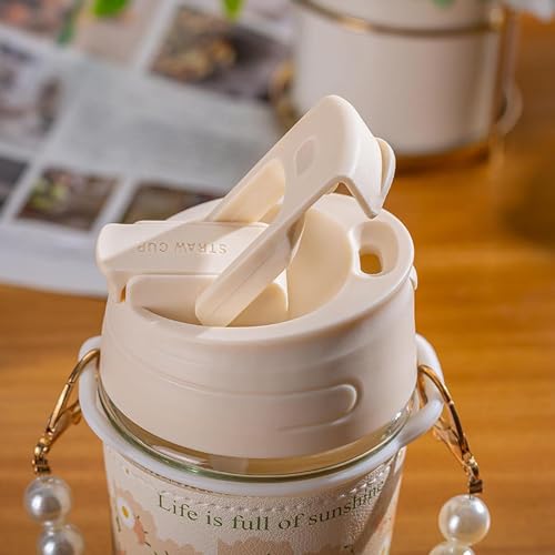 Image of KHOLAD Glass Travel Sipper With Double Drink Straw And Lids Pack Of 1,Reusable Coffee Mugs With Pearl Chain Belt & Sleeve,Kids Girls Tumbler For Juice Smoothies Milk Cups (White), 350 Ml