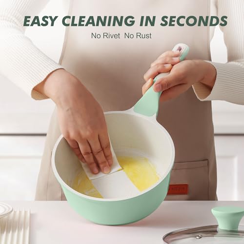 Image of SENSARTE Ceramic Nonstick Saucepan with Lid 1.5 Quarts, Small Kitchen Cooking Pot with Stay Cool Handle, Induction Compatible, Ceramic Coating, Free of Intentionally Added PTFE /PFOA /PFAS, Green