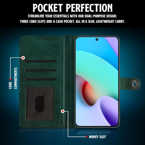 Image of WOW IMAGINE Shock Proof Flip Cover Back Case for Xiaomi Mi Redmi 10 Prime (Magnetic Button Flip Case | Wallet Pockets & Stand | Leather Finish | Forest Green)