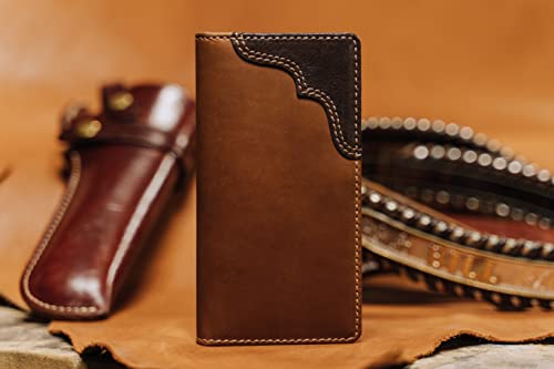 Image of House of Jack Co. Buck Long Bifold Wallet for Men, Full Grain Leather Rodeo Wallet, Western Long Wallet with ID Window, Slim Back Pocket Design, Tan