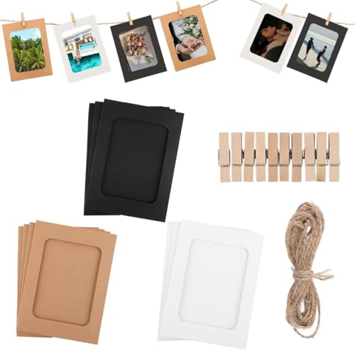 UIEXAY 10 Cornici di Carta per Foto DIY, Cornice Portafoto in Kraft, Portafoto de Parete con Clip di Legno e Corda di Canapa per Matrimonio e Feste
