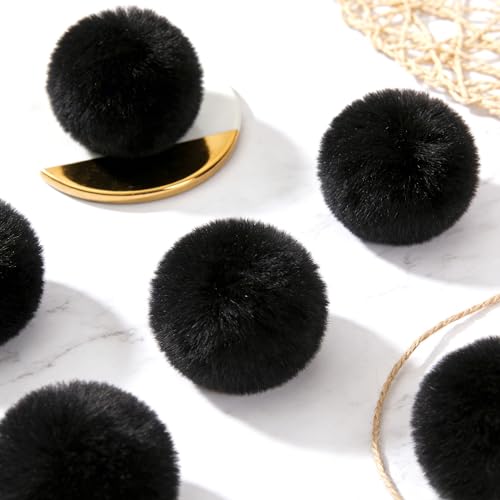 Image of 10Pcs Black 3.2Inch Faux Fur Pom Poms for Hats with Elastic Loop DIY Crafts