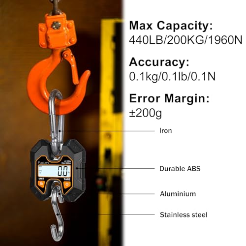 fuzion mini crane scale - hanging scale 440lb200kg1960n deer scale with large lcd display hold amp tare functions for hunting farms fishing no setup required