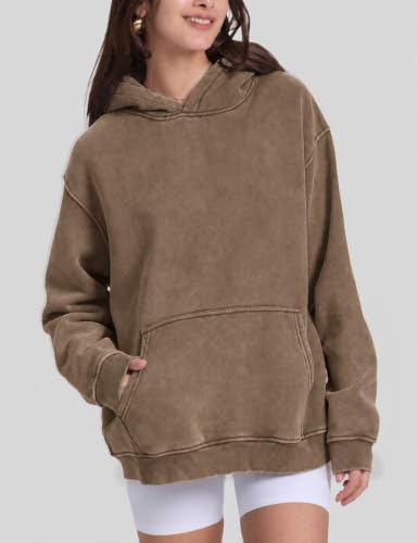 Image of FAIABLE Womens Oversized Acid Wash Hoodie Unisex Heavyweight Fleece Cotton Hoodies Vintage Washed Sweatshirt for Women
