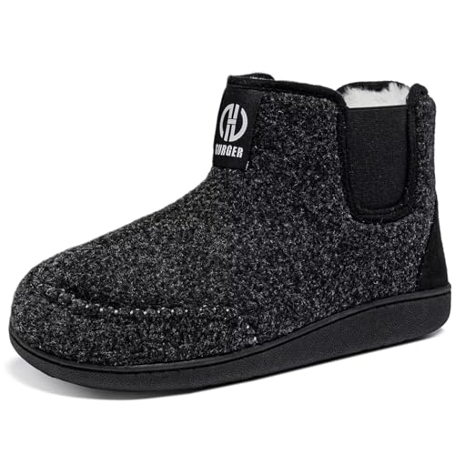 GURGER Mens Winter Slipper Boots Warm Felt House Shoes with Faux Fur Lining Anti-Slip Indoor Outdoor Bootie Slippers Cozy Home Shoes Black 46 47