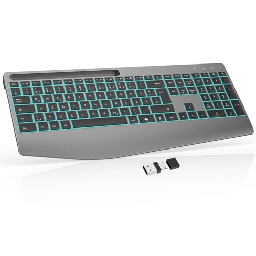 OMOTON Kabellose Tastatur mit Handballenauflage ErgonomischeTastatur 2 4 GHz Wiederaufladbar QWERTZ 7 Farbige Hintergrundbeleuchtung Leise Funktastatur für Windows 11/10/8/7 PC Laptop Grau