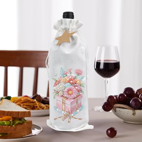 Image of DIY 5D Diamond Painting Gift Wrap, Special Shaped Diamond Art Linen Cover for Champagne Decoration, Christmas Wedding Birthday Party Supplies (Flower Gift)
