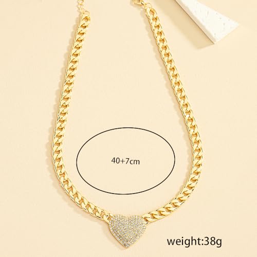 HUJUON Rhinestone Heart Necklace for Women Gold Silver Heart Pendant Choker Necklace Cuban Link Chain Love Heart Chunky Necklace Zircon Heart Statement Necklace3