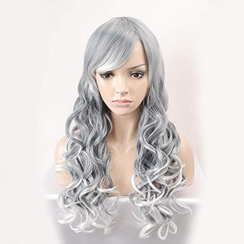 Perruque longue cheveux frisés gris frange oblique femme bouclée