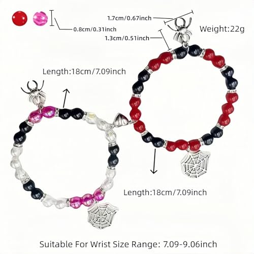 2-Pack Spider Friendship Bracelets for Couples, Halloween Jewelry Gift - Stretchable Adjustable Crystal Bead Bracelet with Heart Charm, Love Promise Bracelet for Him Her Best Friend2
