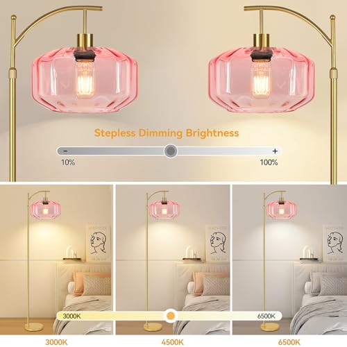 Image of Gold Floor Lamps for Living Room Bedroom,Glass Floor Lamp with Remote Control & Pink Lampshade,Arc Dimmable Floor Lamp Mid Century Modern Standing Lamp Vintage Tall Floor Lamps for Bedroom Corner