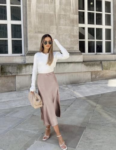 HOTOUCH Womens Midi Skirt High Waisted Solid Satin Dress Zipper Elegant Work Skirts3