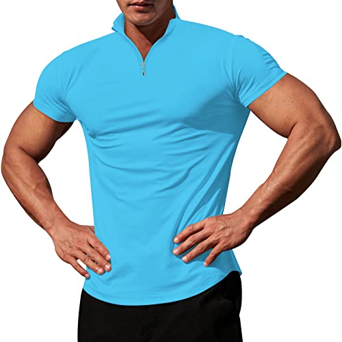 Logeeyar Mens Quarter-Zip V Neck Polo Shirts Slim Fit Short Sleeve Athletic T-Shirt Henley Shirt Blue #TOP1