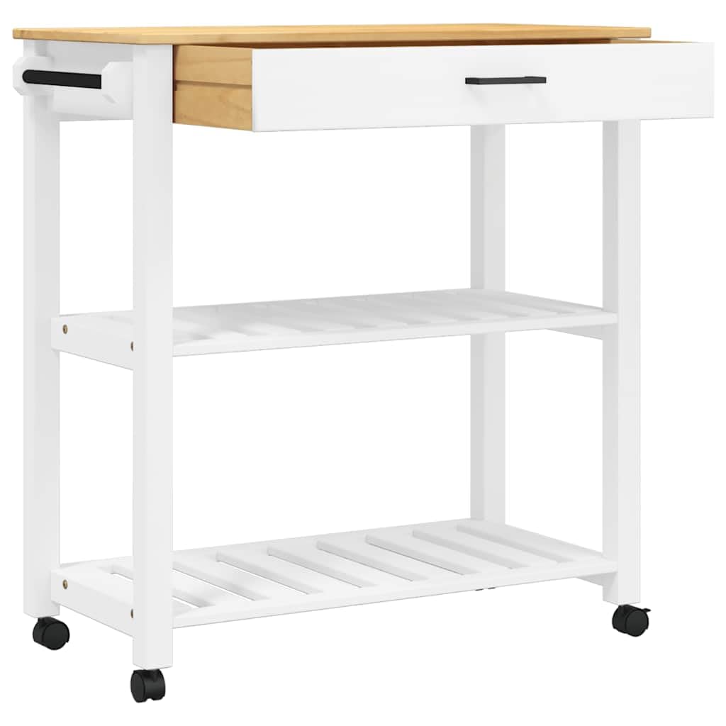 Carro de cocina Monza 84 x 40 x 88,5 cm de madera maciza de pino con cajón y 3 estantes para uso versátil en la cocina, salón y espacio de trabajo