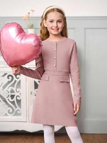 Haloumoning Girls Long Sleeve Sweater Dress Kids Casual Front Button A-Line Knit Fall Dresses 5-14 Years2