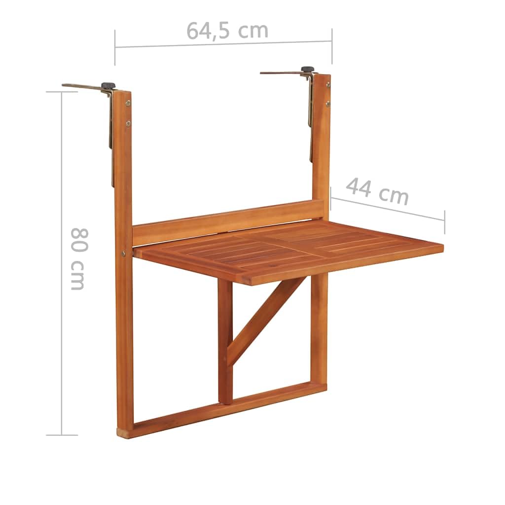 Tavolo sospeso da balcone in legno massello di acacia, 64,5 x 44 x 80 cm, pieghevole per ringhiera, terrazza, veranda, durevole, resistente alle intemperie