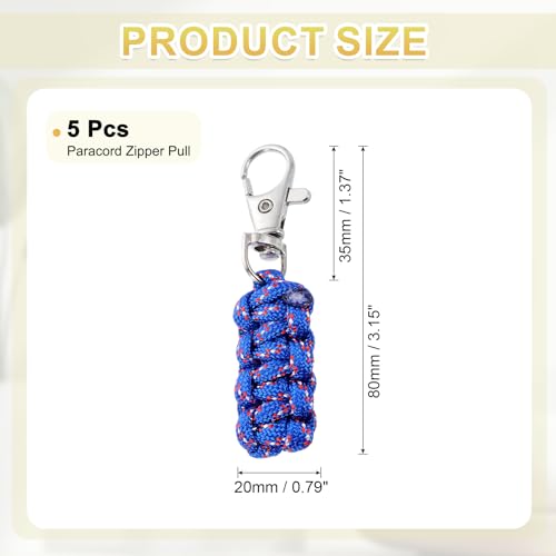 Image of YELARXI Paracord Zipper Pull Polyester Zipper Pulls Replacement Woven Rope with Metal Clasp, 80 mm Length Fit for Backpacks Clothing Luggage Accessories - Cylinder (5 Pack, Blue)