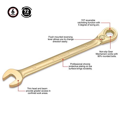 STARWORK 12 Pc. 6-Point Metric 15° Offset Vintage G-Plating Reversible Non-Slip Long Pattern Ratcheting Combination Wrench Set (8-19 mm) - Image 3
