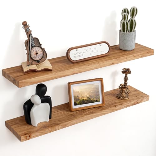 Image of Floating Shelves for Wall Decor, 8 inch Deep Rustic Solid Elm Wood Floating Shelves Wall Mounted, Wall Shelves with Invisible Bracket for Living Room Bathroom Bedroom Kitchen, 36 Inch Set of 2, Natural