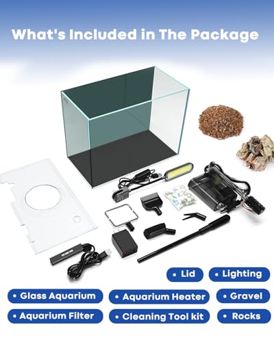 Image of 3 Gallon Aquarium Set Small Fish Tank Glass, Starter Kit with Heater Water Pump Cleaning Filter Bright Light Rocks Gravel Cleaning Tool, Leak-Proof Clear Rimless Desktop Spaces Saving Betta Fish