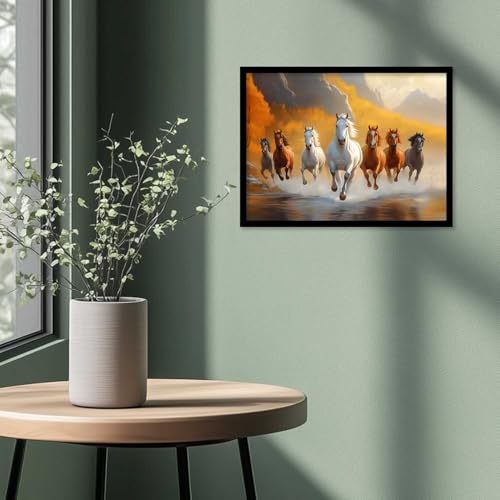 Image of HOTHOUSE Seven Running Vastu Lucky Horse and Rising Sun Painting | 7 Horses Vastu Frame Wall Art Painting for Living Room Bedroom Office Home Decor Wall Decor Size (13X17 inch)