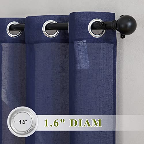 NICETOWN Linen Sheer Curtains for Bedroom, Grommet Semi Sheer Vintage Linen Wave Privacy with Light Filtering Drapes for Living Room, Dark Blue, 36W x 84L, Set of 2