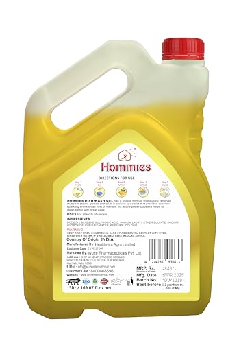 Image of Hommies Lemon Fragrance Dishwash Liquid Gel Refill Pack - 5 Litre | Ultra-Degreasing Formula for All Utensils | Kills Germs & Leaves No Residue | Gentle on Hands, Tough on Grease