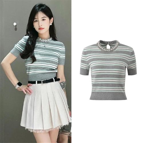Women’s Elegant Pullover Short-Sleeve Sweater Pearls Beading Striped Top3