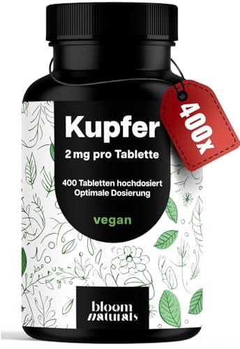 Kupfer Tabletten - 400 Stück x 2 mg Kupfer aus KupferBisglycinat - hochdosiert - Copper, vegan und produziert in Deutschland - Verpackung kann variieren