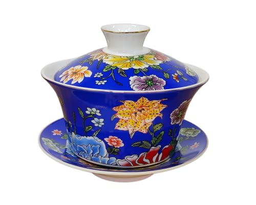 KOPYFANTAP Ensemble de Tasses à thé en Traditionnelle Chinoise Kungfu Porcelaine Chinoise,Bleu Gaiwan Tasses à Thé avec Motifs Fleurs et Corail ,10oz/300ml Grande Tasse à thé ou une Tasse de Café Cover