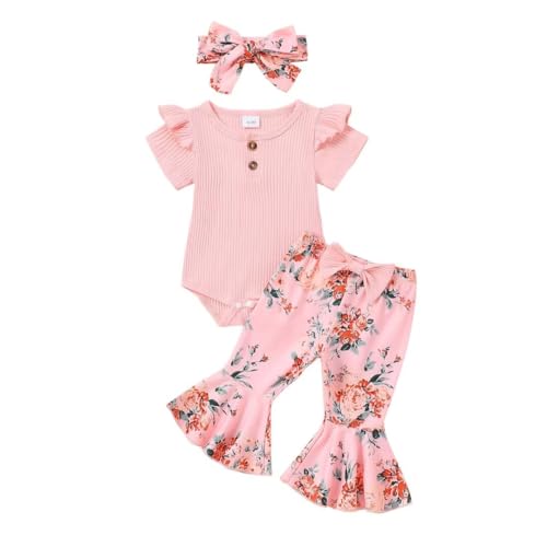Image of Bekarsy Baby Girl Clothes Infant Rib Button Short Sleeve Romper Leopard Flared Pants Headband Summer Clothing Set 3pcs