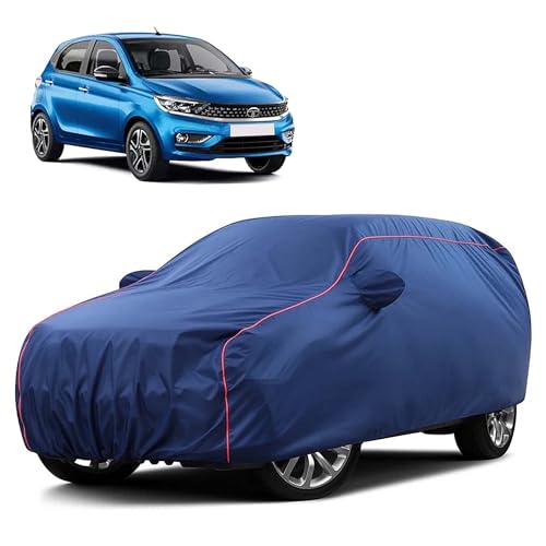 Image of Sulfar 100% Water Resistant Car Body Cover Compatible with Mirror for Tata Tiago (Triple Stitched, Full Bottom Elastic, Blue Taffeta with Red Piping)