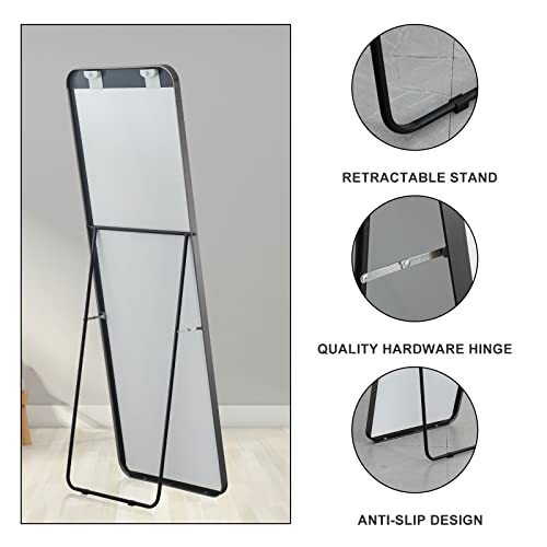 Image of NeuType 65 inchx22 inch Full Length Mirror Floor Mirror with Stand Large Bedroom Mirror Wall-Mounted Mirror Standing or Leaning Against Wall Aluminum Alloy Frame Dressing Mirror, Black, Round Corner